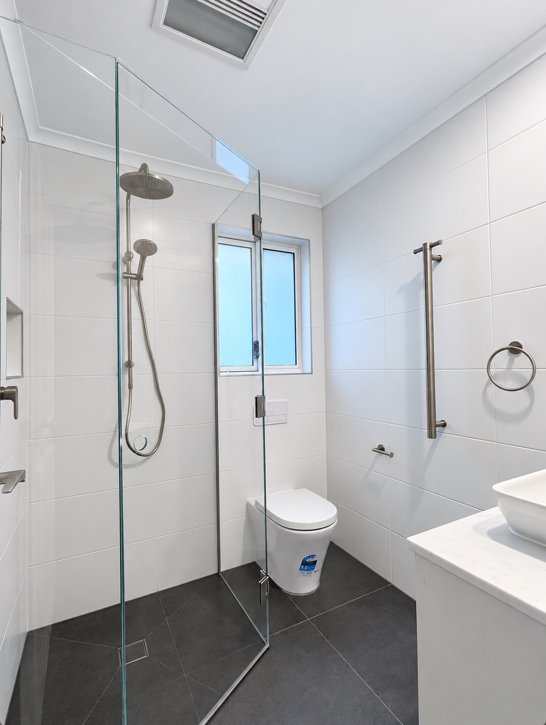 Completed Vermont ensuite with frameless shower, toilet and vanity