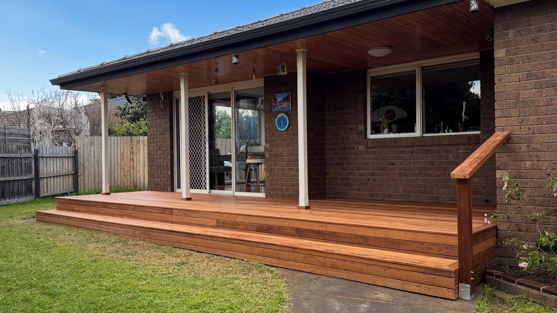 Completed Merbau deck built on an adjustable pedestal system