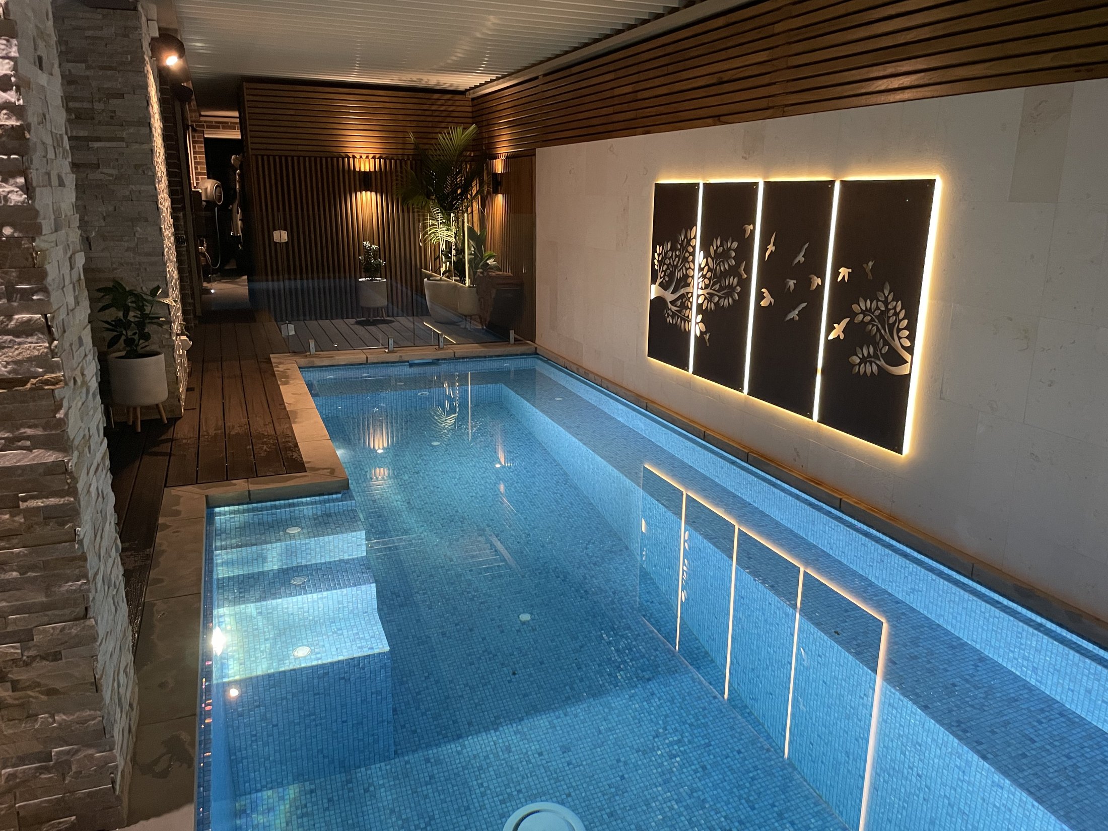 Completed illuminated swimming pool and covered backyard recreation area