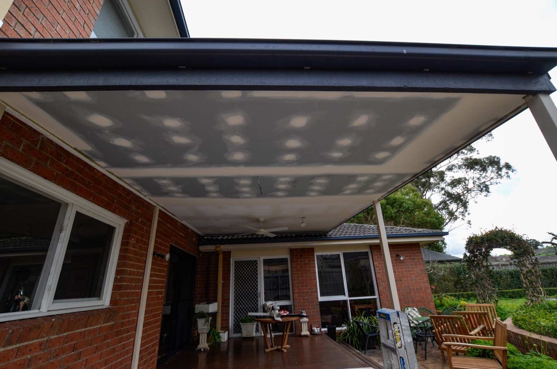 New pergola ceiling fully set and prepared for final sanding